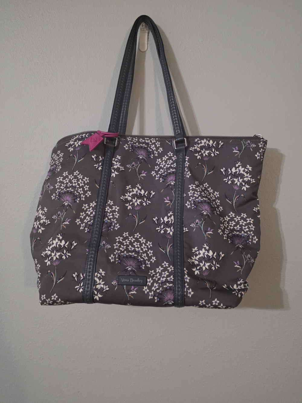 Vera Bradley Gray Floral Tote with Purple and White Accents